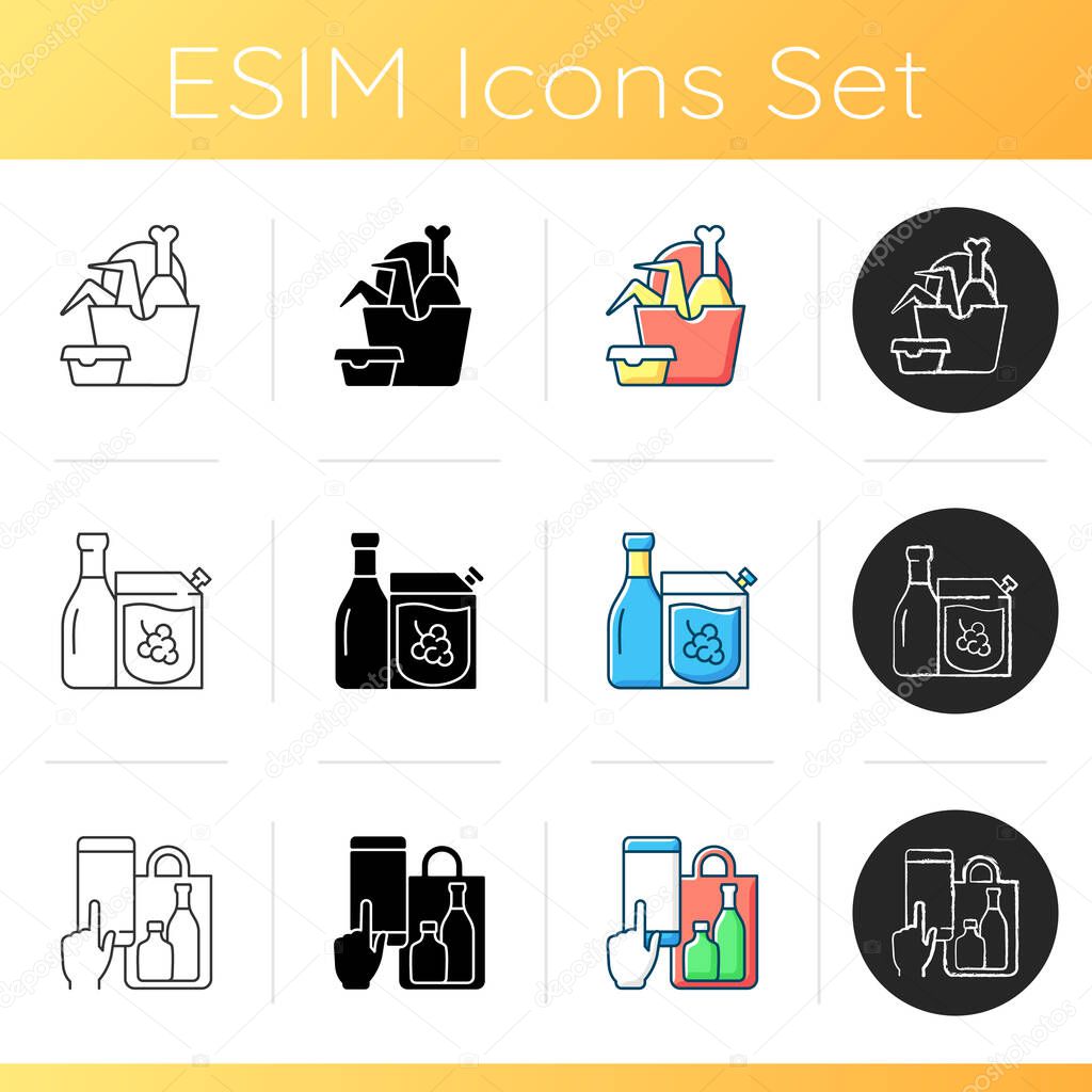 Pickup and delivery option icons set. Crispy chicken wings, legs bucket. Red and white wine. Phone drinks ordering. Fast food. Linear, black and RGB color styles. Isolated vector illustrations