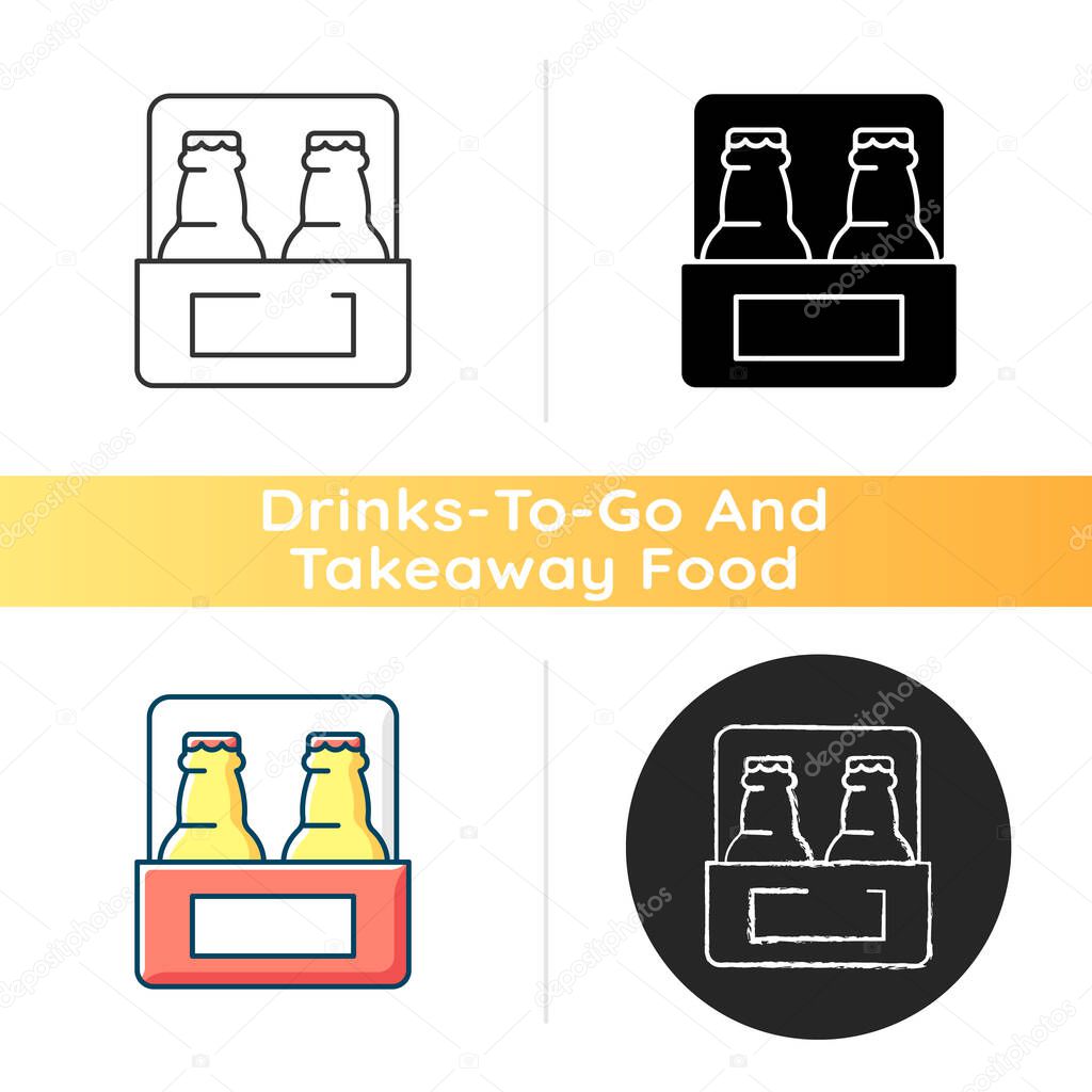 Beer to go icon. Carbonated drink for takeaway. Consuming alcoholic drink. Brewing and fermentation from cereals. Brewery. Linear black and RGB color styles. Isolated vector illustrations