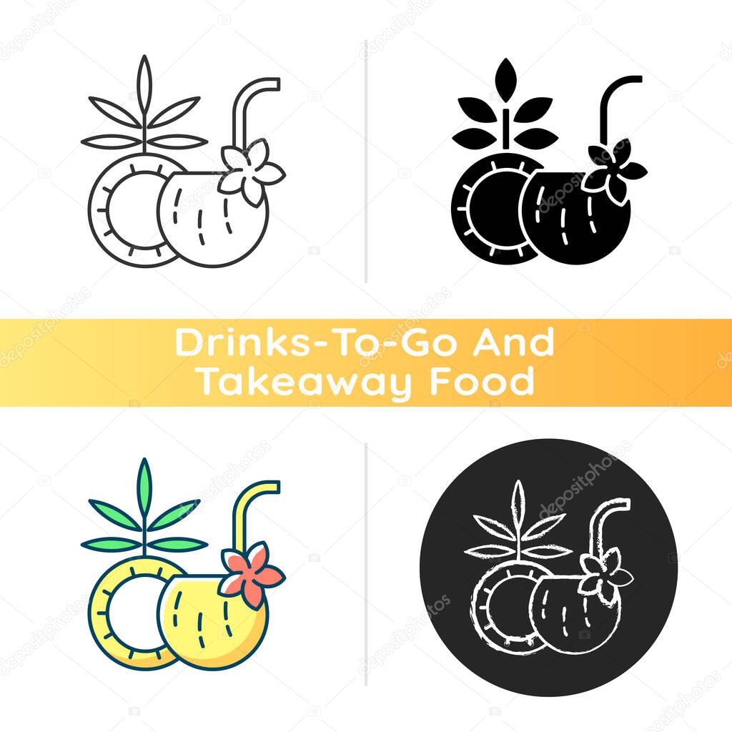 Coconut cocktail icon. Beach vacation. Pina colada. Tropical drink. Garnishing with coconut flakes. Ingredients blending. Linear black and RGB color styles. Isolated vector illustrations