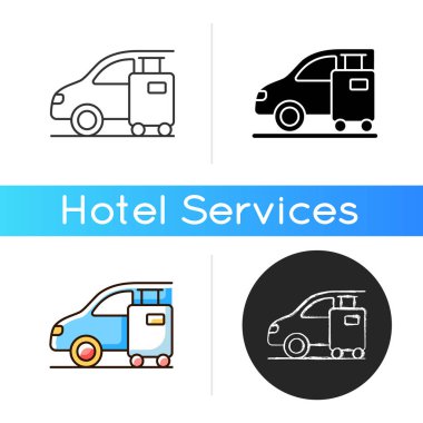Aktarım simgesi. Transfer, müşterinin havaalanından ya da varış noktasından otelinize ulaşma yöntemine göre yapılır. Lineer siyah ve RGB renk stilleri. İzole vektör çizimleri