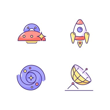 Astronot RGB renk simgeleri ayarlandı. Radyo dalgalarıyla uzaktan bilgi almak için tasarlanmış bir anten. Yıldızlar ve yıldız kalıntıları sistemi. İzole vektör çizimleri