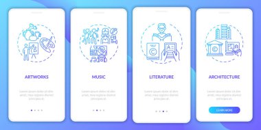 Mobil uygulama sayfası ekranındaki konseptli telif hakkı ögeleri. Sanat eserleri, sesler, edebiyat, dört adımlık grafik talimatlar. UI, UX, doğrusal renk çizimleri olan GUI vektör şablonu