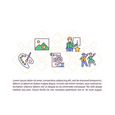 Metinli telif hakkı hukuku konsepti simgeleri. Kopya uzayı ile PPT sayfa vektör şablonu. Broşür, dergi, gazete tasarımı. Beyazın doğrusal çizimlerinin çalınması ile uğraşılıyor