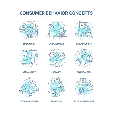 Tüketici davranış konsepti simgeleri ayarlandı. Ürün benimseme fikri ince çizgi RGB renk çizimleri. Erken benimseyenler. Finansal, performans riski. Vektör izole çizimler. Düzenlenebilir vuruş