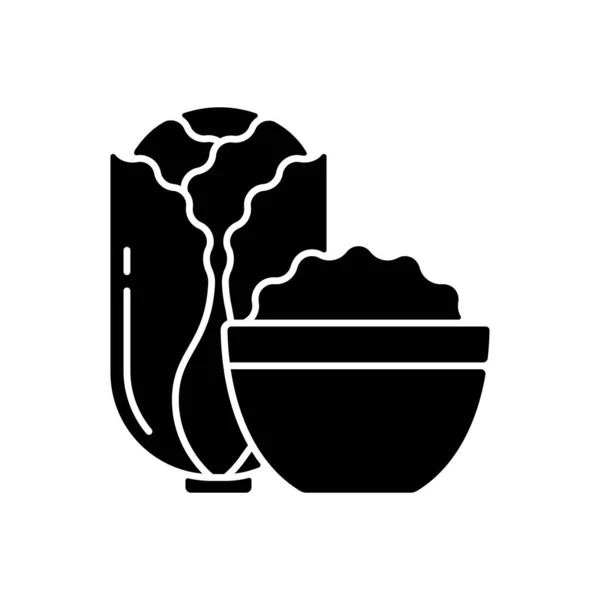 キムチ黒のグリフアイコン キャベツと大根の伝統的なサイドディッシュ アジア料理 熱いナパの食事 野菜と一緒に昼食 韓国文化 白い空間にシルエットのシンボル ベクトル分離図 — ストックベクタ