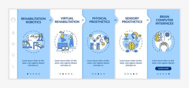Rehabilitasyon mühendisliği vektör şablonunu kullanın. Simgeli ilgili mobil web sitesi. Web sayfasında 5 basamaklı ekranlar. Doğrusal çizimlerle duyusal protez renk kavramı