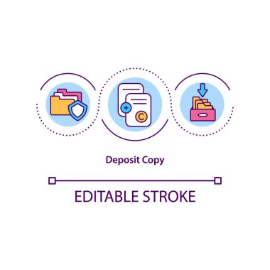Depozito kopyalama konsepti simgesi. Telif hakkı tescilinin arandığı çalışma. Telif hakkı koruması ince çizgi çizimi fikrine hükmeder. Vektör izole edilmiş RGB renk çizimi. Düzenlenebilir vuruş