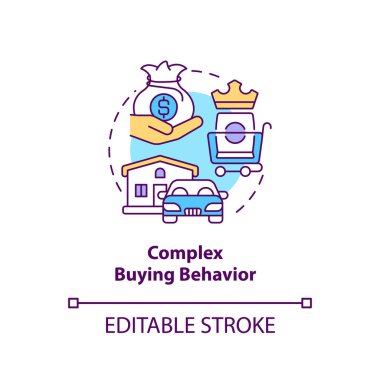 Kompleks davranış konsepti ikonu satın alma. Tüketici davranışı fikri ince çizgi çizimi. Pahalı, alışık olmadığımız ürünler almak. Vektör izole edilmiş RGB renk çizimi. Düzenlenebilir vuruş