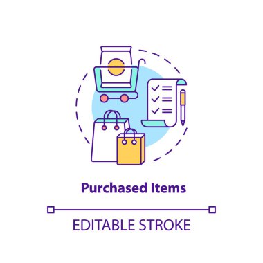 Satın alınan nesneler konsept simgesi. Müşteri davranış kalıbı fikri ince çizgi çizimi. Yiyecek ve temel ürünleri elde etmek. Alışveriş süreci. Vektör izole edilmiş RGB renk çizimi. Düzenlenebilir vuruş