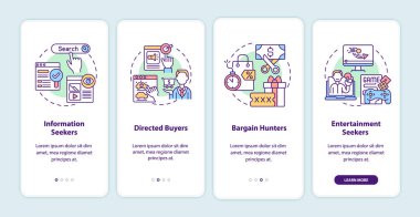 İnternet tüketicisi davranışları mobil uygulama sayfa ekranında kavramlarla birlikte. Bilgi arayanlar 4 aşamalı grafik talimatları gözden geçiriyorlar. UI, UX, doğrusal renk çizimleri olan GUI vektör şablonu