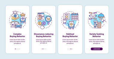 Tüketici davranışı, mobil uygulama sayfası ekranında kavramlarla birlikte yer alır. Davranış satın alma kompleksi 4 aşamalı grafik talimatlar. UI, UX, doğrusal renk çizimleri olan GUI vektör şablonu