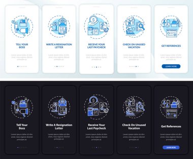 Konseptli mobil uygulama sayfası ekranındaki istifa kontrol listesi. İş değişikliği 5 aşamalı grafik talimatlar. UI, UX, GUI vektör şablonu doğrusal gece ve gündüz kip çizimleri