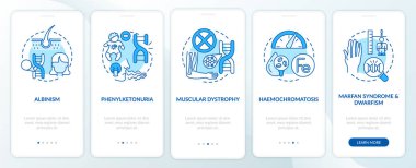 Çoğu yaygın genetik bozukluklar konseptli mobil uygulama sayfası ekranında. Hastalık 5 aşamalı grafiksel talimatlar veriyor. UI, UX, doğrusal renk çizimleri olan GUI vektör şablonu
