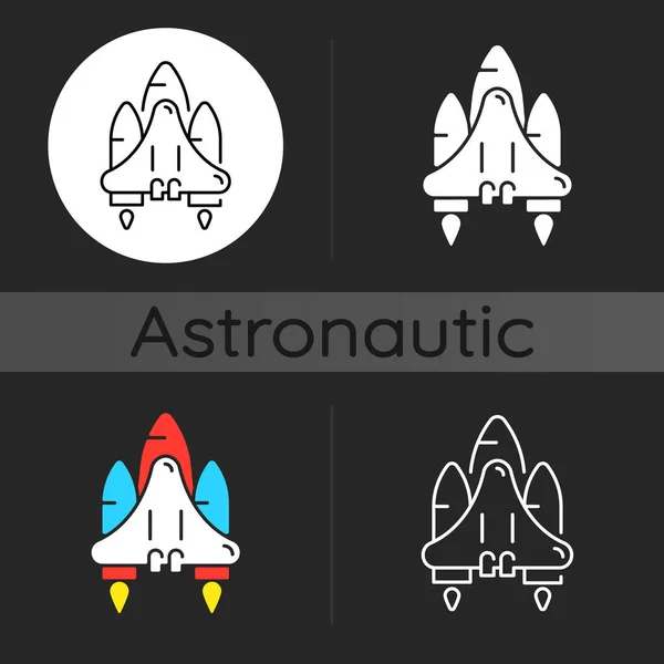 航天飞机黑暗主题图标 用于空间旅行的轨道航天器系统 宇航员的交通工具 线性白色 简约的字形和Rgb颜色风格 孤立的病媒图解 — 图库矢量图片