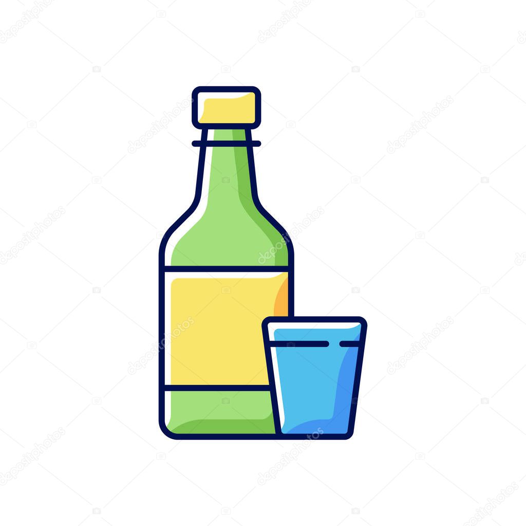 Soju RGB color icon. Asian alcoholic drink. Alcohol in bottle. Japanese sake. Beer, liquor. Korean culture. Vodka in glass. Traditional symbols of Korea. Isolated vector illustration
