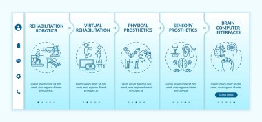 Rehabilitasyon mühendisliği vektör şablonunu kullanın. Simgeli ilgili mobil web sitesi. Web sayfasında 5 basamaklı ekranlar. Doğrusal çizimler ile beyin bilgisayarı renk arayüzü kavramı