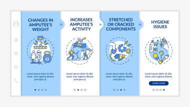 Yapay uzuv, vektör şablonundaki koşulları değiştir. Simgeli ilgili mobil web sitesi. Web sayfasında 4 basamaklı ekranlar. Doğrusal çizimlerle ampüte etkinlik renk kavramı