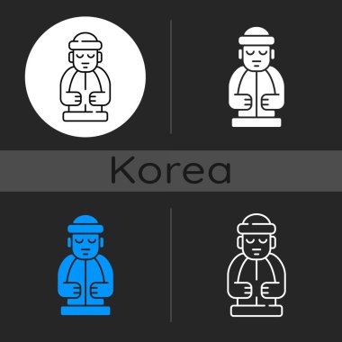 Jeju adası heykelleri karanlık tema simgesi. Dol hareubangs. Ulusal etnik rock totemi. Taş büyükbaba. Kore kültürü. Lineer beyaz, basit kabartma ve RGB renk stilleri. İzole vektör çizimleri
