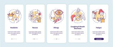Hava kirliliği hastalığı belirtileri mobil uygulama sayfasında konseptlerle birlikte görülüyor. Baş ağrısı, alerji 5 aşamalı grafik talimatlar. UI, UX, doğrusal renk çizimleri olan GUI vektör şablonu