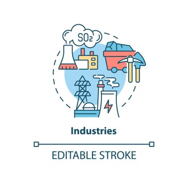 Endüstri konsepti ikonu. Açık hava kirletici fikir ince çizgi çizimi. Endüstriyel kirlilik. Fosil yakıtlar yanar. Elektrik santrali. Vektör izole edilmiş RGB renk çizimi. Düzenlenebilir vuruş