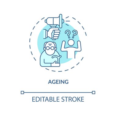 Yaşlanma konsepti simgesi. İşitme kaybı ince çizgi çizimlerine neden olur. Yaşla ilgili sağırlık. Presbycusis. Vücut fonksiyonları yaşlandıkça değişir. Vektör izole edilmiş RGB renk çizimi. Düzenlenebilir vuruş