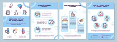Ekonomik işitme kaybı broşürü. İşitme cihazı maliyeti. Broşür, broşür, broşür baskısı, doğrusal simgelerle kaplama tasarımı. Sunum için vektör düzenleri, yıllık raporlar, reklam sayfaları