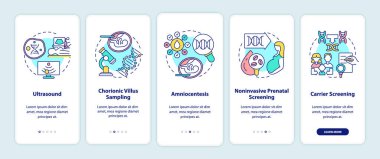 Genetik hastalıklar mobil uygulama sayfasında konseptlerle test ediliyor. Teşhis yürüyüşü. 5 adım grafik talimatlar. UI, UX, doğrusal renk çizimleri olan GUI vektör şablonu