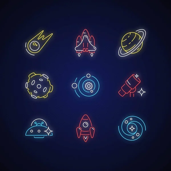 Astronautic Neon Light Icons Set Person Trained Spaceflight Program Serve — Stock Vector