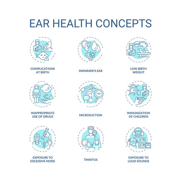 Ear health concept icons set. Hearing loss prevention idea thin line RGB color illustrations. Exposure to excessive noise. Tinnitus. Vector isolated outline drawings. Editable stroke