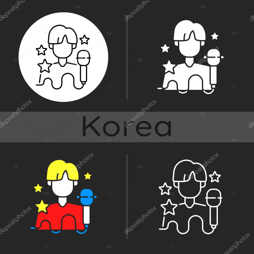 K pop dark theme icon. Musician performance. Popular singer. Group performer. Entertainment industry. Korean culture. Linear white, simple glyph and RGB color styles. Isolated vector illustrations