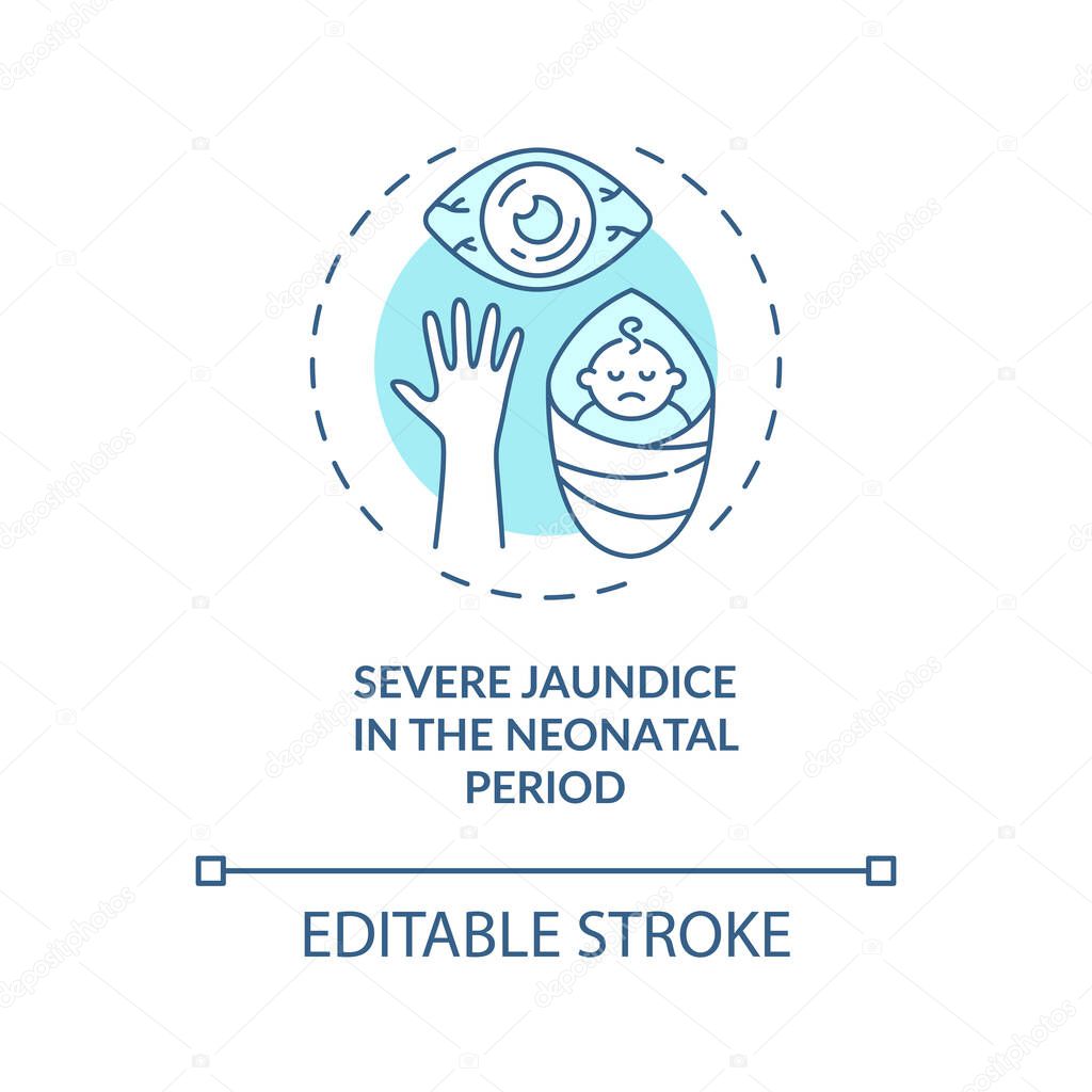 Severe jaundice in neonatal period concept icon. Congenital hearing loss idea thin line illustration. Complications after birth. Vector isolated outline RGB color drawing. Editable stroke