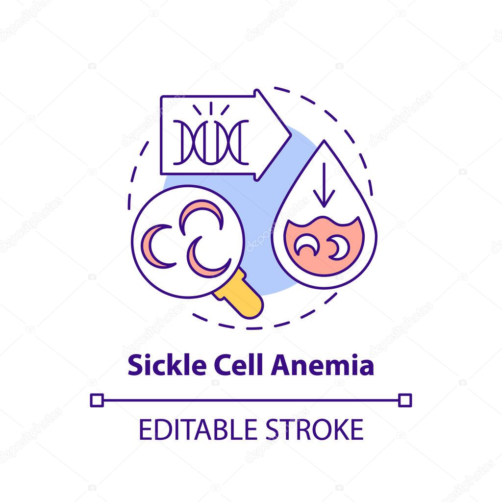 Sickle cell anemia concept icon. Chronic blood disorder. Illness diagnosis. Genetic disease treatment idea thin line illustration. Vector isolated outline RGB color drawing. Editable stroke