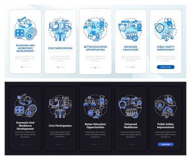 Dijital kapsama, mobil uygulama sayfası ekranında konsept olarak kullanılacak. Bilgisayar 5 aşamalı grafik talimatları gözden geçiriyor. UI, UX, doğrusal koyu ve açık temalı GUI vektör şablonu
