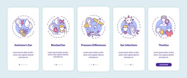 Mobil uygulama sayfası ekranında konseptlerle birlikte en iyi kulak koşulları. Yüzücü, kulaklığı tıkamış, 5 adımlık grafik talimatlar. UI, UX, doğrusal renk çizimleri olan GUI vektör şablonu