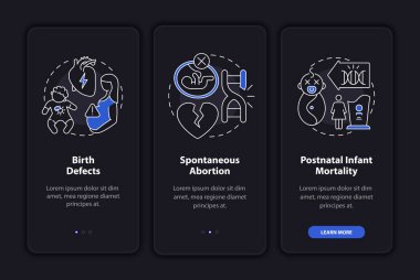 Genetik bozukluklar mobil uygulama sayfası ekranında konseptlerle sonuçlanır. Kalıtsal hastalık 3 aşamalı grafik talimatlar. UI, UX, doğrusal gece kipi çizimleri ile GUI vektör şablonu