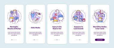 Edinilen işitme kaybı, konseptlerle birlikte mobil uygulama sayfasında ekrana neden olur. Menenjit, otitis 5 aşamalı grafik talimatlar. UI, UX, doğrusal renk çizimleri olan GUI vektör şablonu