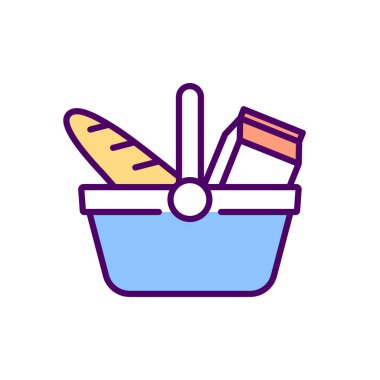 Yiyecek alışverişi RGB renk ikonu. Market alışverişi. Alışveriş sepeti, çanta. Mağaza, süpermarket, market, alışveriş merkezi, pazar yeri. Yemek seçmek, nakletmek. İnternetten alıyorum. İzole vektör illüstrasyonu