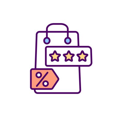 Kelepir av RGB renk ikonu. Tasfiye satışı. Düşük fiyata mal satın almak. Sadakat indirimleri. Tüketici alım şablonu. Pahalı olmayan eşyalar. Alıcı bölümü. İzole vektör illüstrasyonu