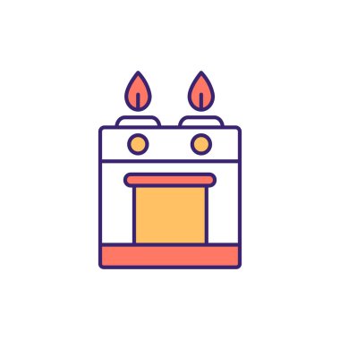 Pişirme aygıtı RGB renk simgesi. Kızartma, pişirme ve ısıtma. Gaz ocağı, elektrikli fırın. Sıcak yemek hazırlığı. Malzemeleri sıcak ortama maruz bırakmak. Yemek pişirmek. İzole vektör illüstrasyonu