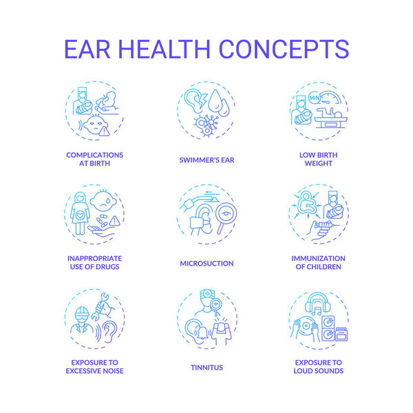 Ear health concept icons set. Hearing loss prevention idea thin line RGB color illustrations. Tinnitus. Children immunization. Microsuction. Exposure to loud sound. Vector isolated outline drawings