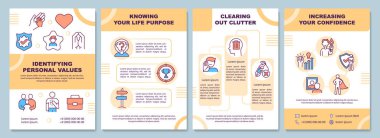 Kişisel değerler broşürü tanımlanıyor. Hayat amacını bilmek. Broşür, broşür, broşür baskısı, doğrusal simgelerle kaplama tasarımı. Sunum için vektör düzenleri, yıllık raporlar, reklam sayfaları