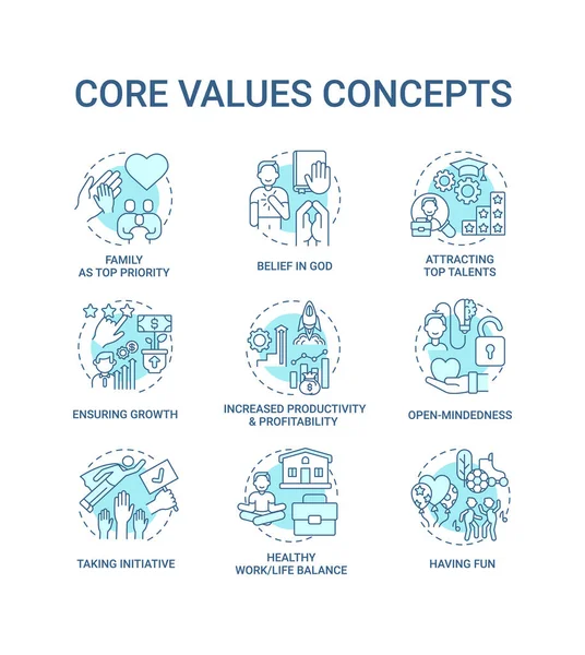 Ensemble Icônes Concept Valeurs Fondamentales Idée Ouverture Esprit Ligne Mince — Image vectorielle