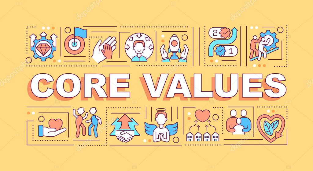 Core values word concepts banner. Highest priorities. Fundamental beliefs. Infographics with linear icons on orange background. Isolated typography. Vector outline RGB color illustration