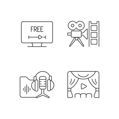 Yayın servisi doğrusal simgeleri ayarlandı. Ücretsiz deneme seçeneği. Retro kanal. Podcast kütüphanesi. Gala. Özelleştirilebilir ince çizgi şekilleri. İzole vektör çizimi çizimleri. Düzenlenebilir vuruş