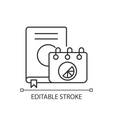 Damgalanmış günlük ve dizüstü bilgisayar simgesi. Tüm notları saklamak için şık bir yer. İnce çizgi özelleştirilebilir illüstrasyon. Contour sembolü. Vektör izole çizim. Düzenlenebilir vuruş
