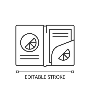 Damgalanmış kağıt klasör doğrusal simgesi. Kâğıtlarla parayı bir arada tutan şık bir klasör. İnce çizgi özelleştirilebilir illüstrasyon. Contour sembolü. Vektör izole çizim. Düzenlenebilir vuruş