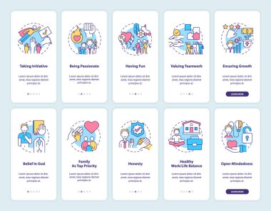 Kişisel, kurumsal değerler mobil uygulama sayfası ekranında konseptlerle birlikte. Takım çalışması, aile gezintisi 5 adım grafik talimatlar. UI, UX, doğrusal renk çizimleri olan GUI vektör şablonu