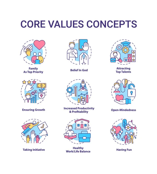 Ensemble Icônes Concept Valeurs Fondamentales Idée Ouverture Esprit Ligne Mince — Image vectorielle