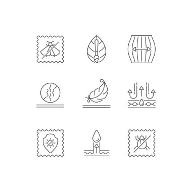 Farklı türde kumaş doğrusal simgeler ayarlandı. Doğal boya, kokuya dayanıklı. Ultraviyole koruma. Nem sızıntısı. Özelleştirilebilir ince çizgi şekilleri. İzole vektör çizimi çizimleri. Düzenlenebilir vuruş