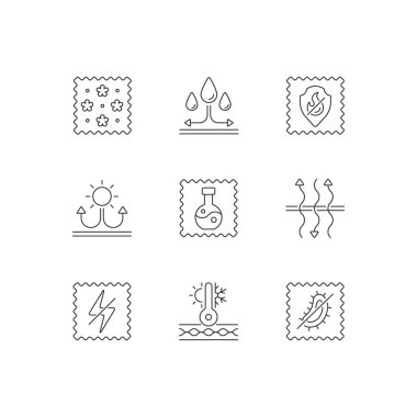 Kumaş özellikleri doğrusal simgeler ayarlandı. Su geçirmez. Solunabilir, antistatik, antimikrobik tekstil. Özelleştirilebilir ince çizgi şekilleri. İzole vektör çizimi çizimleri. Düzenlenebilir vuruş